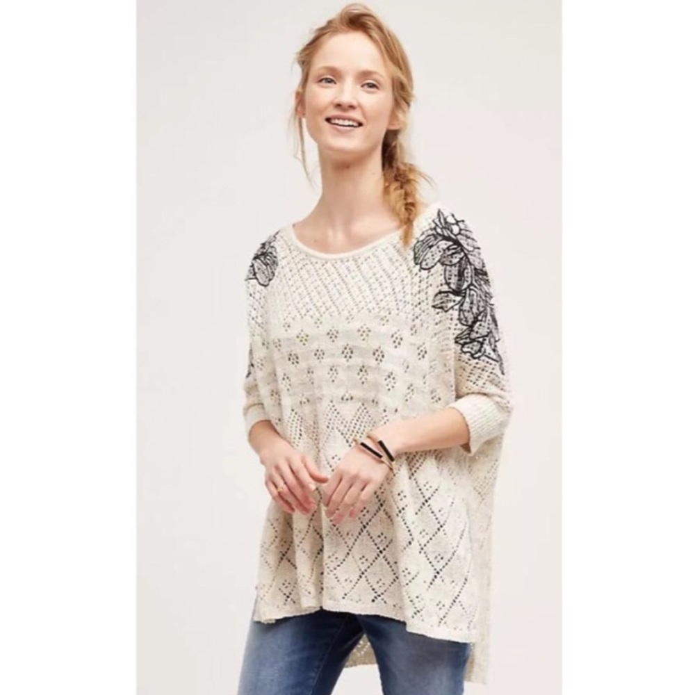 Anthro Knitted Knotted Embroidered Launa Poncho